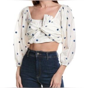 Farm Rio Blue Flowers Long Sleeve Crop Top